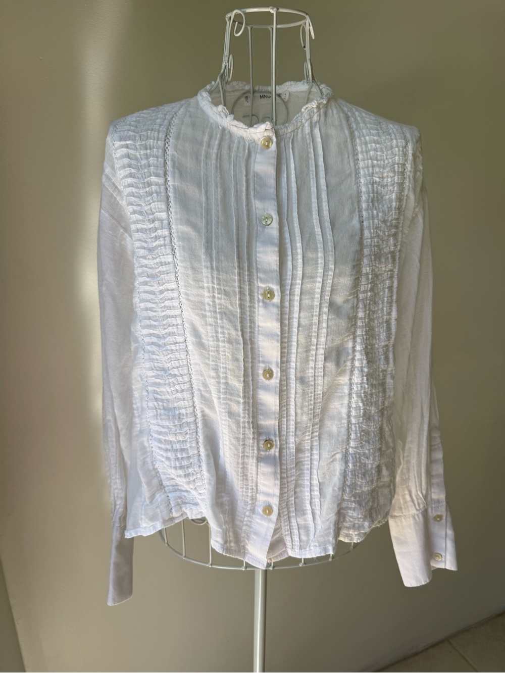 Mango MNG White 100% Cotton Pintuck Ruffle Lace Button Blouse Shirt Size S